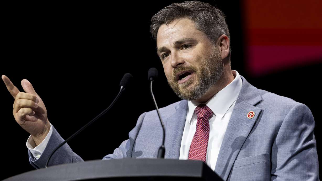 Robert Axson, incumbent chairman of the Utah Republican Party, speaks during the Utah Republican Party’s state organizing convention held at the UCCU Center in Orem on Saturday. He was elected to serve another two years.