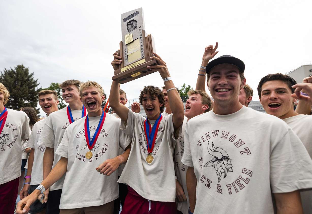 Viewmont’s boys track team celebrates their victory in the 5A state track and field championship at the Clarence F. Robison Outdoor Track & Field at BYU in Provo on Saturday, May 17, 2025.