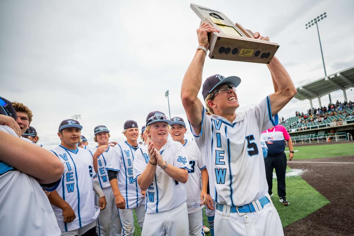 Canyon View Falcons players celebrate after winning the high school boys 3A baseball state championship series against the Juab Wasps held at Utah Valley University in Orem on Saturday, May 17, 2025.
