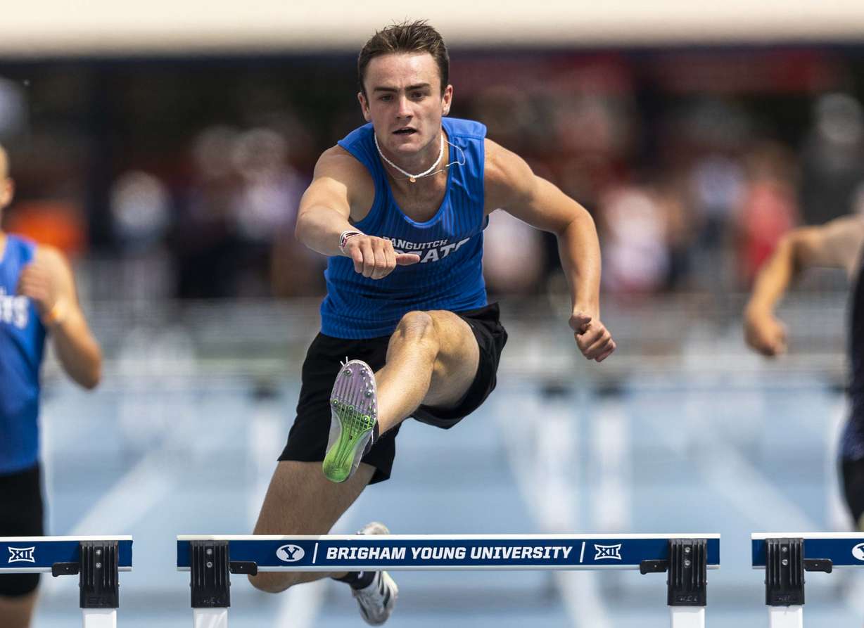 Panguitch’s Burkley Dalton competes in the 1A 300m boys hurdles, where he came in first place, during the 1A state track and field championship at the Clarence F. Robison Outdoor Track & Field at BYU in Provo on Saturday, May 17, 2025.