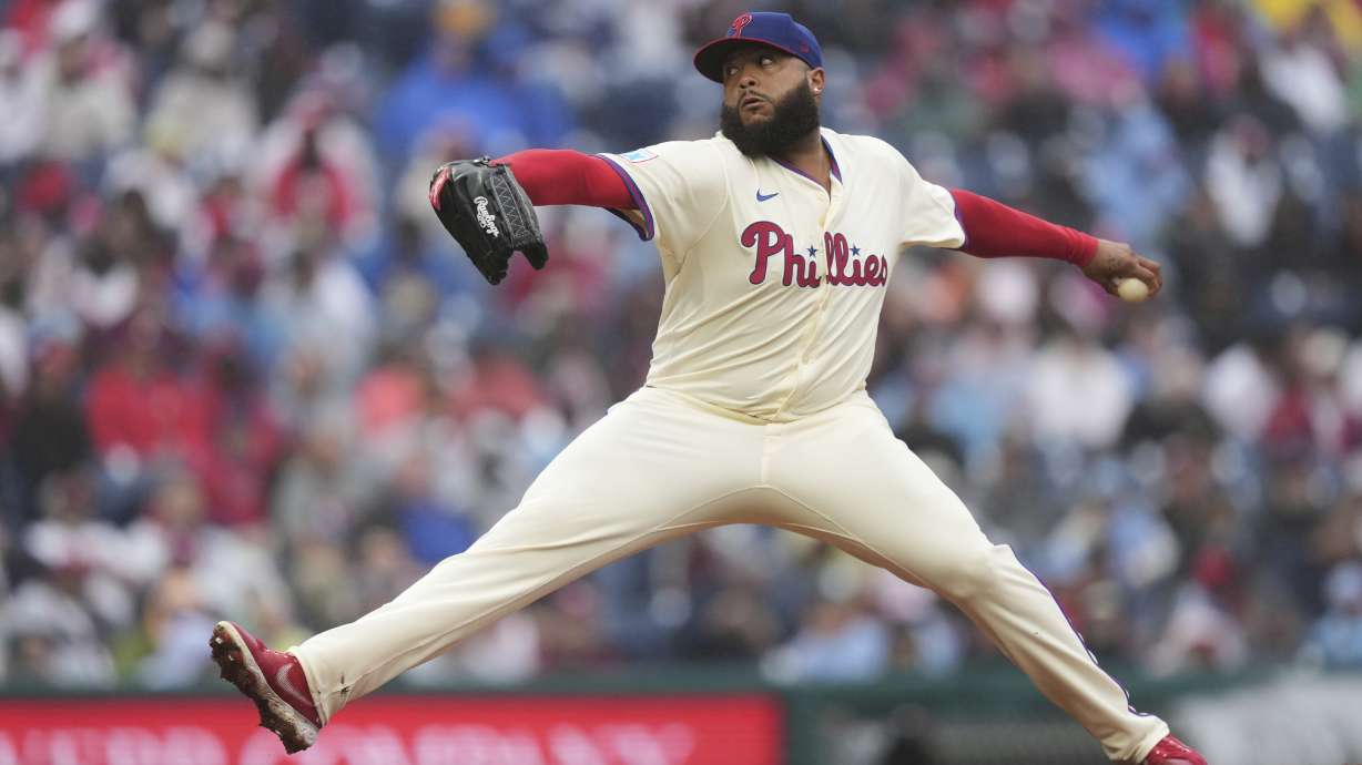 Philadelphia Phillies' José Alvarado pitches during the eighth inning in the first baseball game of a doubleheader against the St. Louis Cardinals Wednesday, May 14, 2025, in Philadelphia.