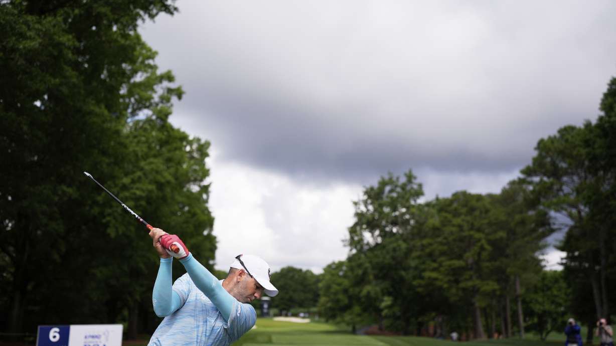 Sergio Garcia, of Spain, hits his tee shot on the sixth hole during a practice round for the PGA Championship golf tournament at the Quail Hollow Club, Tuesday, May 13, 2025, in Charlotte, N.C.