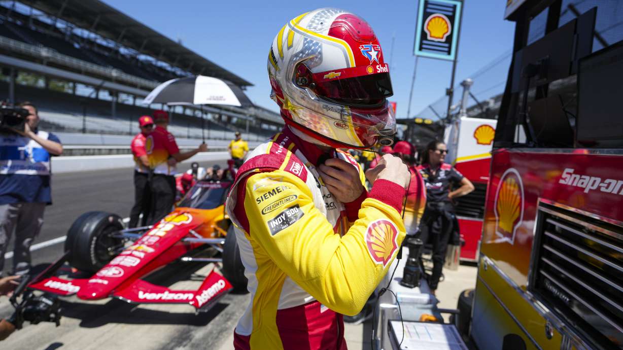 Josef Newgarden prepares to drive during practice for the Indianapolis 500 auto race at Indianapolis Motor Speedway in Indianapolis, Sunday, May 18, 2025.