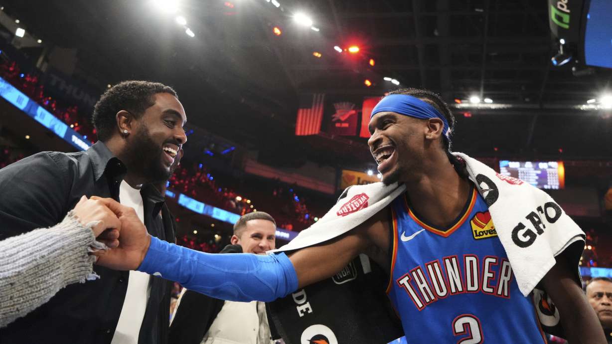 Oklahoma City Thunder's Shai Gilgeous-Alexander (2) celebrates after the team's win against the Denver Nuggets in Game 7 in the Western Conference semifinals of the NBA basketball playoffs, Sunday, May 18, 2025, in Oklahoma City.