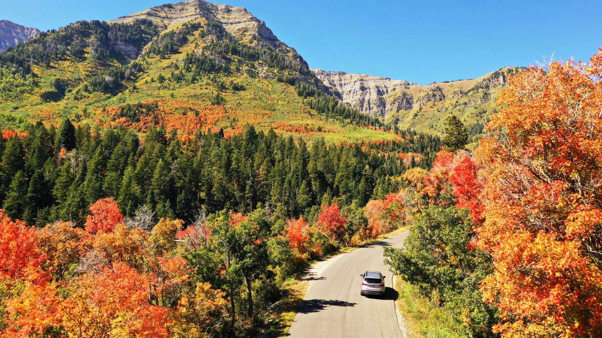 A car travels on the Alpine Loop Scenic Byway with a view of the fall colors on Sept. 26, 2023.