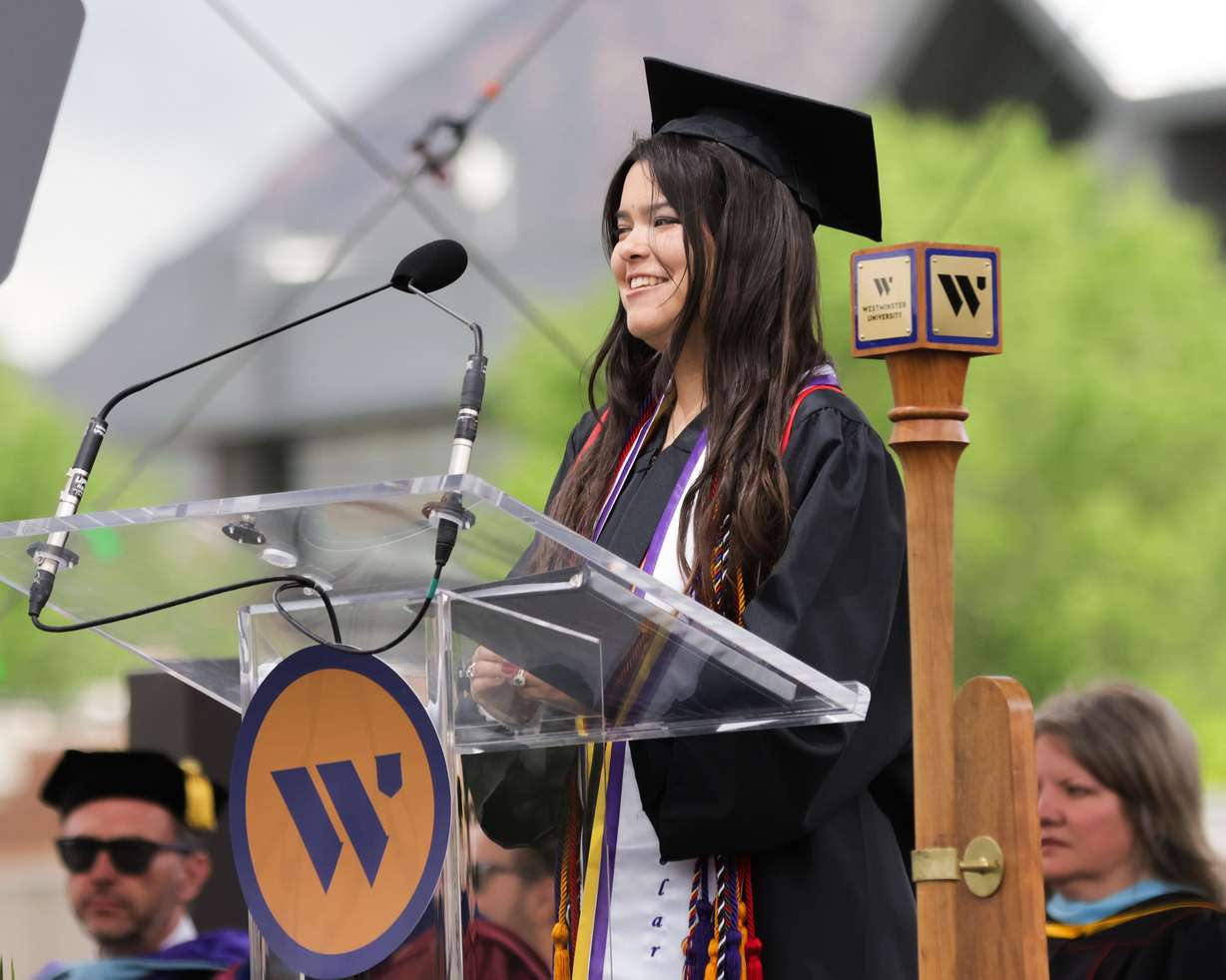 Student speaker Juanita Galvis delivers an address during the undergraduate commencement ceremony at Westminster University on May 17.