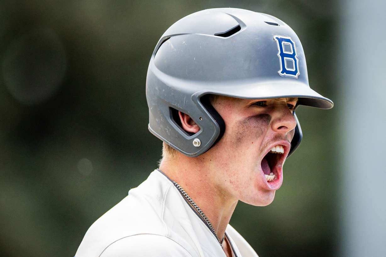 Brighton Bengals' Easton Fry (25) celebrates after making it to third base during the high school boys 5A baseball state championship bracket play against the Olympus Titans held at Brigham Young University in Provo on Monday, May 19, 2025.