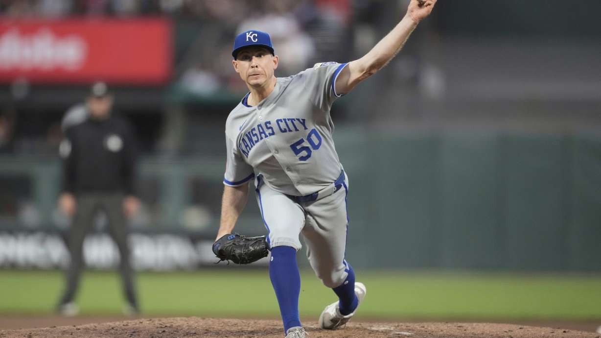 Kansas City Royals pitcher Kris Bubic (50) throws against the San Francisco Giants during the sixth inning of a baseball game in San Francisco, Monday, May 19, 2025.