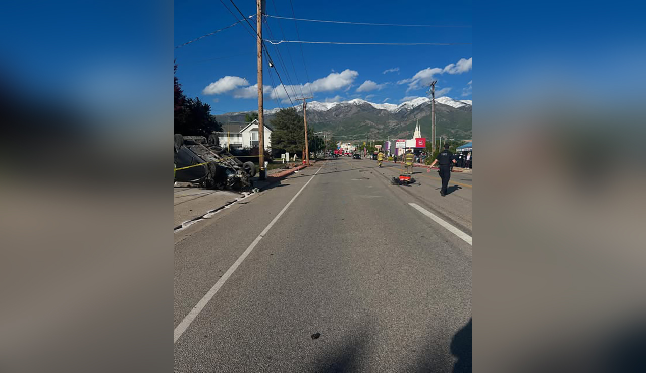 A car hit three power poles and flipped near 1000 E. Gentile Street in Layton on Monday. A man nearby heard the noise and asked if he could help.
