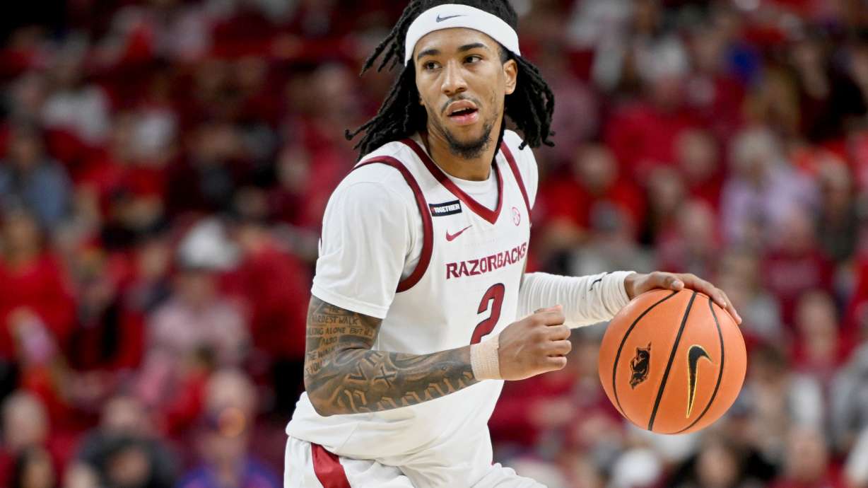 FILE - Arkansas guard Boogie Fland (2) runs a play against Florida during an NCAA college basketball game Saturday, Jan. 11, 2025, in Fayetteville, Ark.