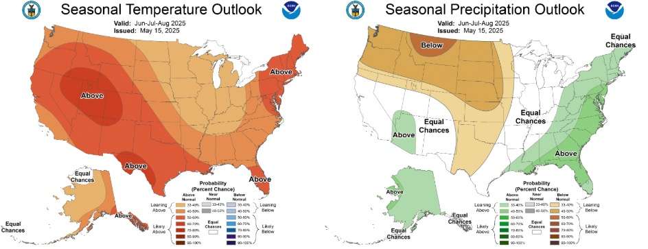 These maps show Utah's temperature and precipitation probabilities for the meteorological summer months of June, July and August. Utah is looking at a higher probability of above-normal heat, but monsoons could help with dry conditions across central and southern Utah.