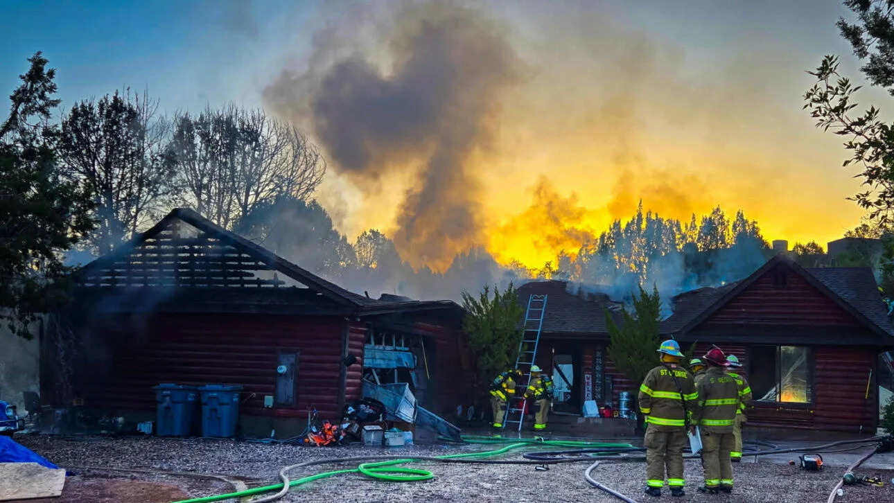 A home is destroyed following a structure fire on Pinion Hills Drive in Dammeron Valley, Washington County, Tuesday.