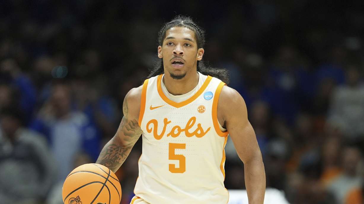FILE - Tennessee's Zakai Zeigler in action during the second half in the Sweet 16 of the NCAA college basketball tournament against Kentucky Friday, March 28, 2025, in Indianapolis.