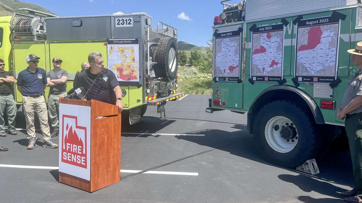 Basil Newmerzhycky, a meteorologist for Great Basin Predictive Services, speaks at a Utah Fire Sense event at This is the Place State Park in Salt Lake City on Tuesday. Utah's fire conditions are expected to worsen as summer arrives.