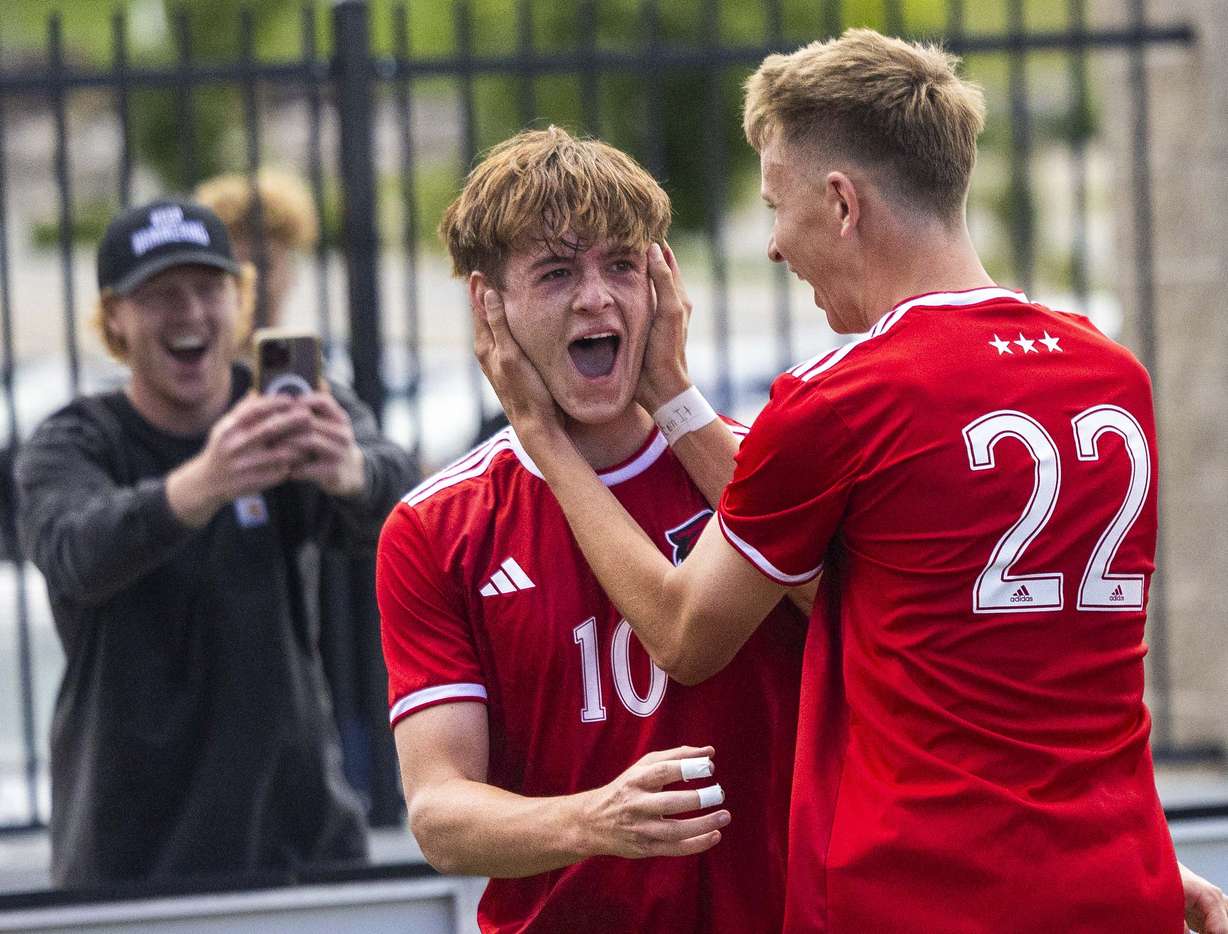 American Fork’s Miller Hall (10) celebrates with his teammate Ben Hess (22) after a goal during a 6A boys soccer semifinal between Skyridge and American Fork at Zions Bank Stadium in Herriman on Tuesday, May 20, 2025.