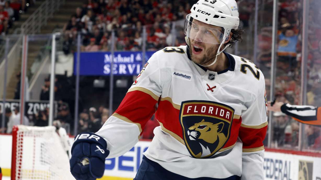 Florida Panthers' Carter Verhaeghe (23) celebrates his goal against the Carolina Hurricanes during first period of Game 1 of the NHL hockey Stanley Cup Eastern Conference finals in Raleigh, N.C., Tuesday, May 20, 2025.