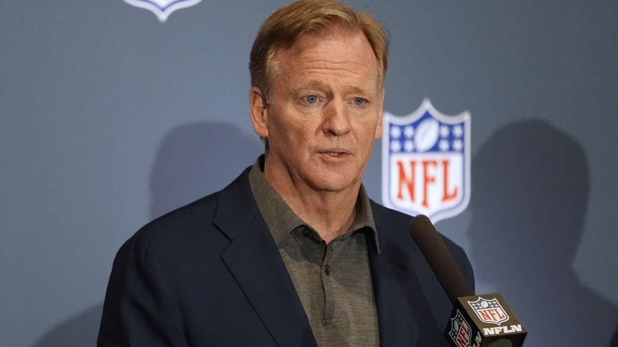 NFL Commissioner Roger Goodell speaks to the media during an NFL football owners meeting, Tuesday, May 20, 2025, in Eagan, Minn.