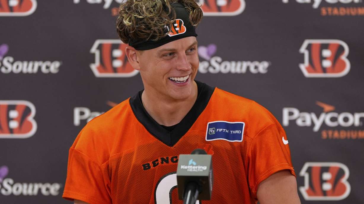 Cincinnati Bengals quarterback Joe Burrow speaks at a news conference after NFL football practice, Tuesday, May 20, 2025, in Cincinnati.
