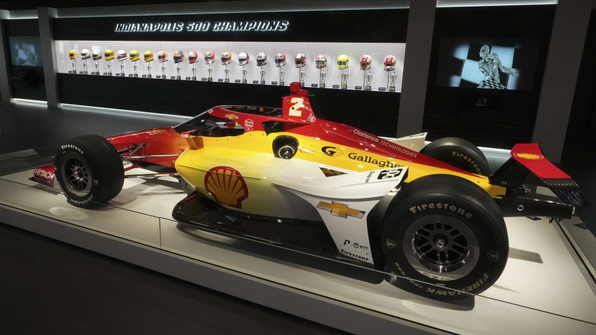 The winning car that Josef Newgarden drove to victory in the 2024 Indianapolis 500 is shown in the Indianapolis Motor Speedway Museum at the Indianapolis Motor Speedway in Indianapolis, Monday, May 19, 2025.