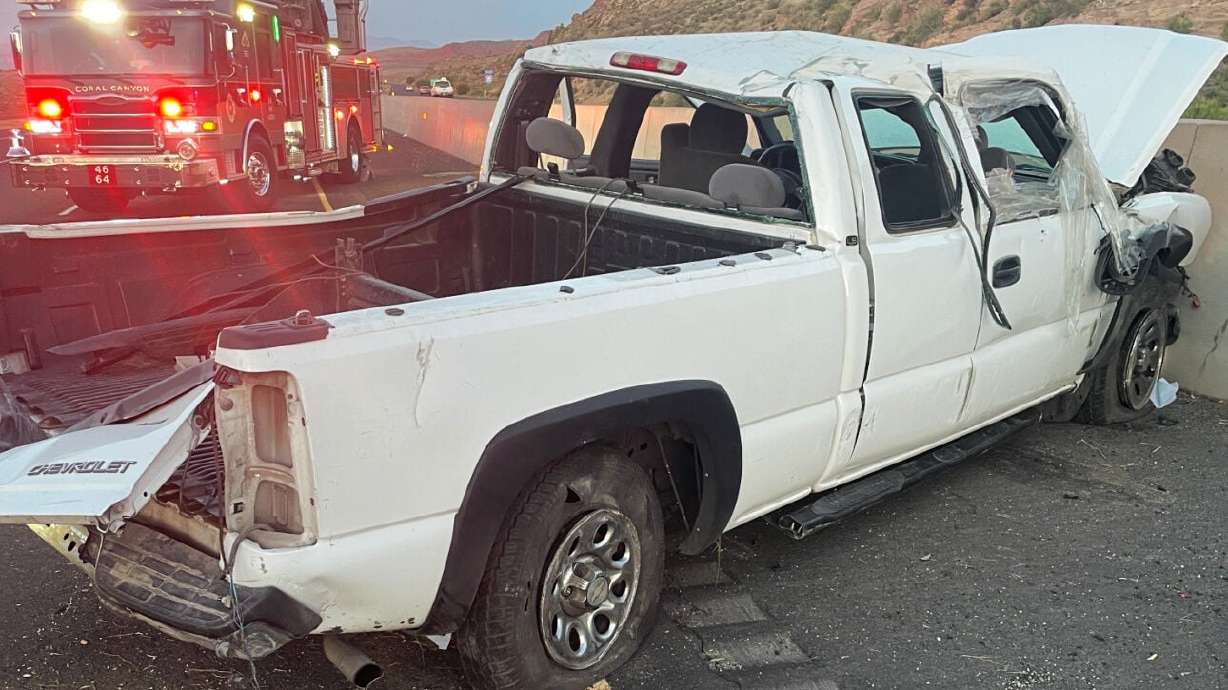 A Chevrolet Silverado was heavily damaged in a rollover that seriously injured a passenger on Interstate 15 near mile marker 22 in Washington County, Utah, May 21, 2025.
