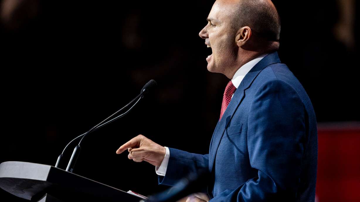 Sen. Mike Lee, R-Utah, speaks during the Utah Republican Party’s state organizing convention held at the UCCU Center in Orem on Saturday.