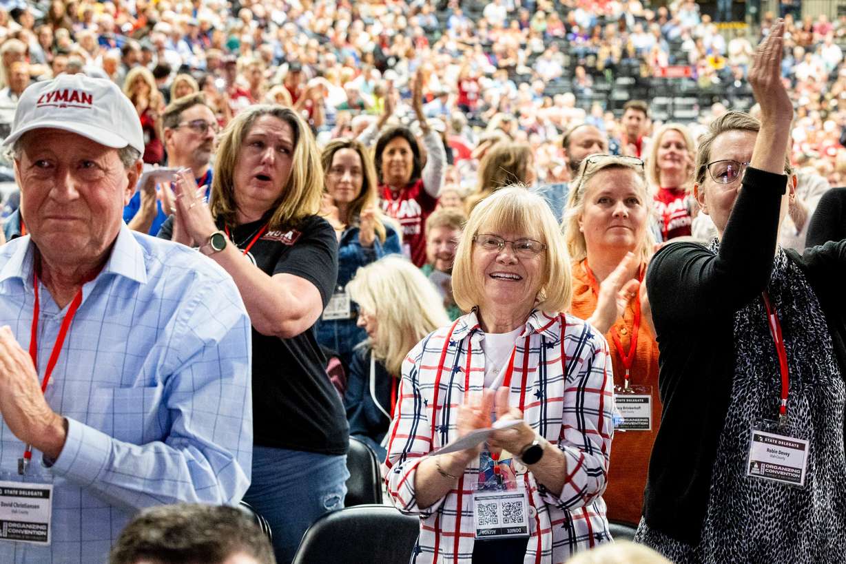 State delegates cheer after Phil Lyman concluded his remarks in his candidate speech for chair of the Utah Republican Party during the Utah Republican Party’s state organizing convention held at the UCCU Center in Orem on Saturday, May 17, 2025.
