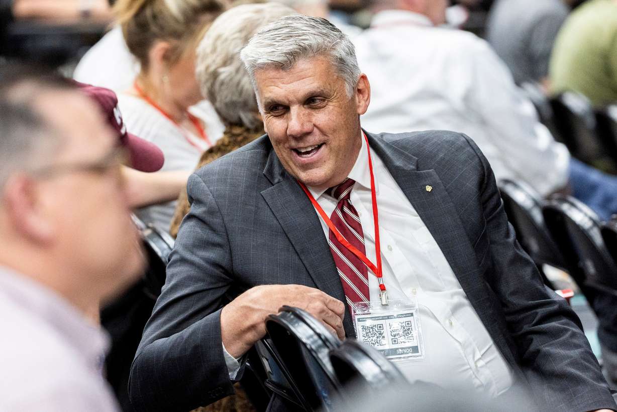 Phil Lyman, a former state lawmaker, talks with state delegates during the Utah Republican Party’s state organizing convention held at the UCCU Center in Orem on Saturday, May 17, 2025.