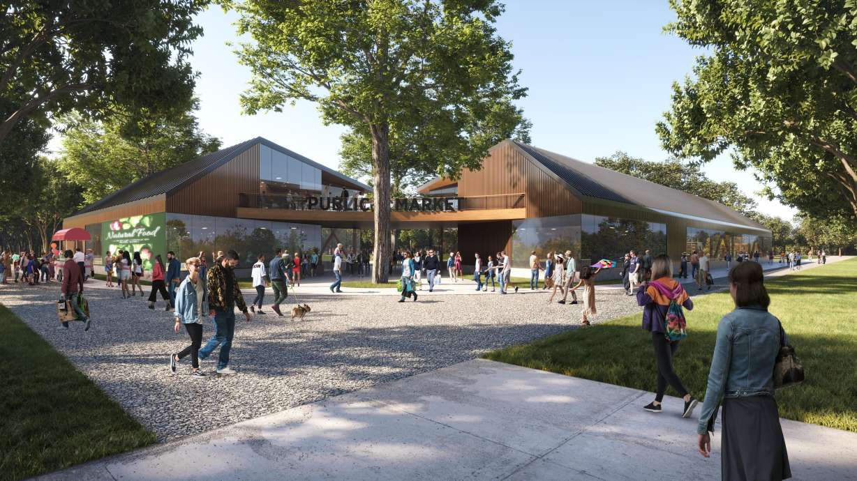 An artist rendering of a proposed public market building that could be constructed at Pioneer Park. Salt Lake City officials said Thursday that it would help turn the Salt Lake City Downtown Farmers Market into a year-round event.