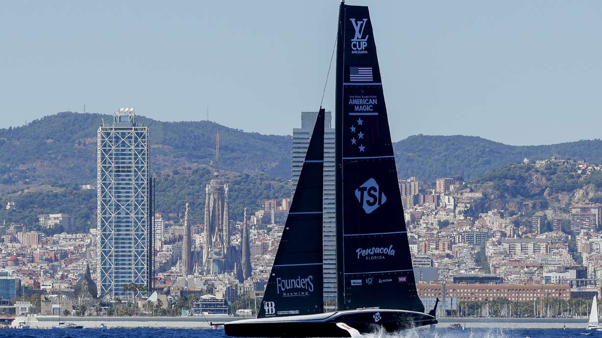 American Magic's AC75 boat sails during a semi-final America's Cup Regatta ahead of the 37th America's Cup sailing race along the Barcelona's coast, Spain, Sept. 14, 2024.