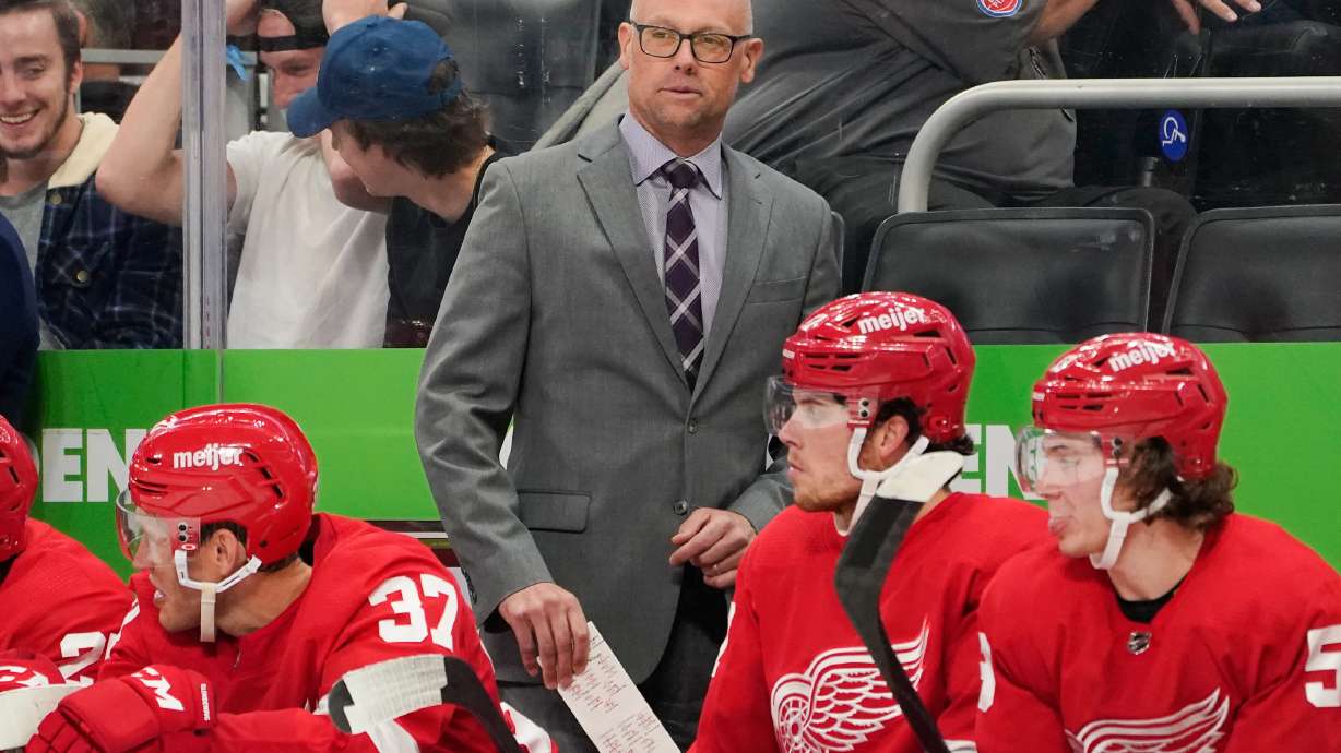 FILE - Detroit Red Wings head coach Jeff Blashill watches during the third period of an NHL preseason hockey game against the Chicago Blackhawks, Monday, Oct. 4, 2021, in Detroit.
