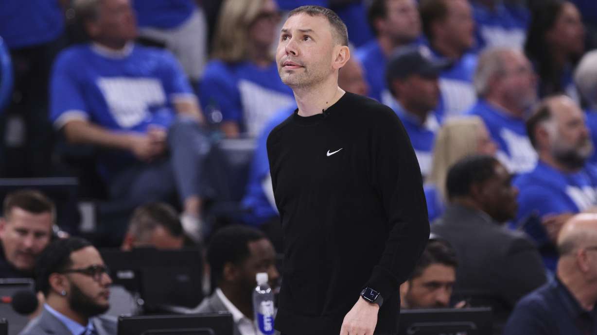 Denver Nuggets head coach David Adelman walks along the bench area late in the second half of Game 5 of an NBA basketball second-round playoff series against the Oklahoma City Thunder Tuesday, May 13, 2025, in Oklahoma City.
