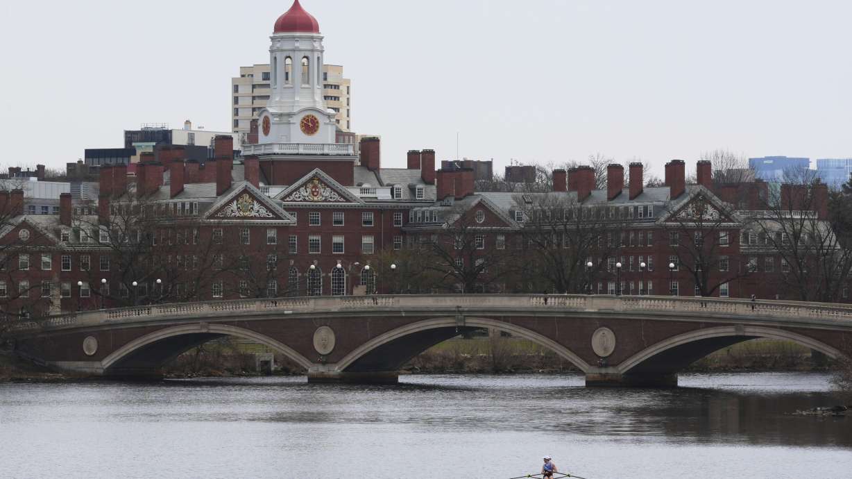 FILE - A sculler rows down the Charles River near Harvard University, at rear, April 15, 2025, in Cambridge, Mass.