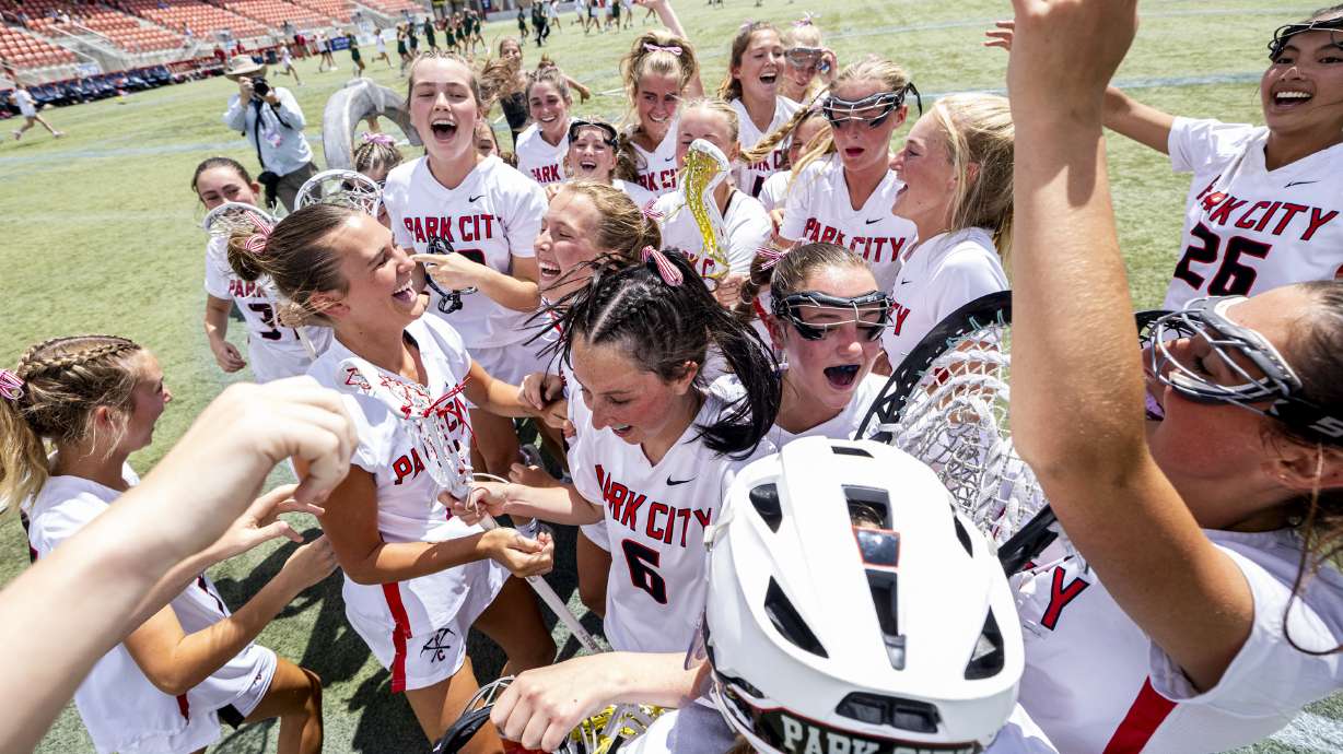 Park City players celebrate after defeating Olympus 16-6 in the championship game of the 5A high school girls lacrosse state tournament held at Zions Bank Stadium in Herriman on Thursday, May 22, 2025.