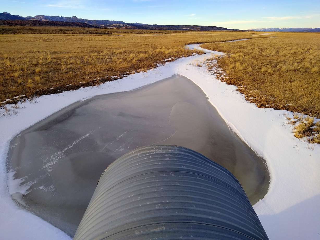 One of the empty culverts allowing East Fork flood water to pass under Johns Valley Landfill Road, 17 miles north of Tropic Reservoir. On Feb. 15, none of the reservoir’s released water was making it to this point through the flats near Flake Mountain, and seldom ever does.