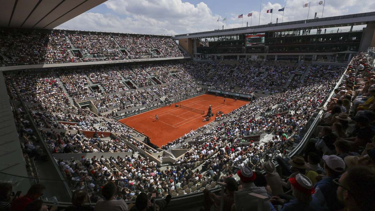 FILE - View of center court Philippe Chatrier during the semifinal match of the French Open tennis tournament between Poland's Iga Swiatek and Coco Gauff of the U.S. at the Roland Garros stadium in Paris, June 6, 2024.