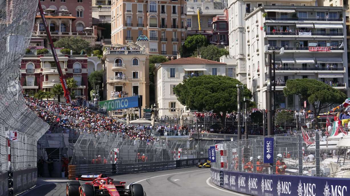 FILE - Ferrari driver Charles Leclerc of Monaco steers his car during the Formula One Monaco Grand Prix race at the Monaco racetrack, in Monaco, May 26, 2024.