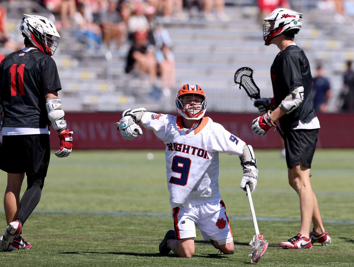 Brighton’s Colt McKean celebrates from his knees after scoring against Park City in the 5A boys lacrosse state championship game at Zions Bank Stadium in Herriman on Friday, May 23, 2025. A six-goal fourth quarter launched Brighton over Park City for a 10-9 championship win and its second consecutive title.
