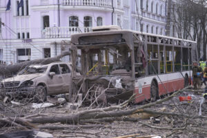 The city center in the aftermath of the Russia’s missile attack that killed at least 21 civilians in Sumy, Ukraine, April 13.