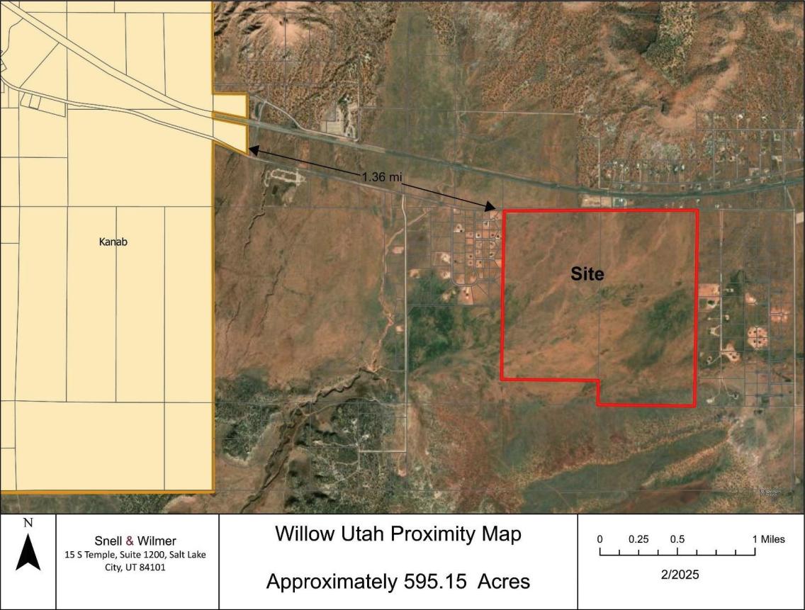 The area outlined in red shows the site of a proposed new city, Willow, east of Kanab in Kane County. Willow developers are pursuing an alternative development route outlined in a 2024 state law.