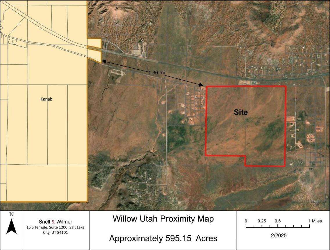 The area outlined in red shows the site of a proposed new city, Willow, east of Kanab in Kane County. Willow developers are pursuing an alternative development route outlined in a 2024 state law.