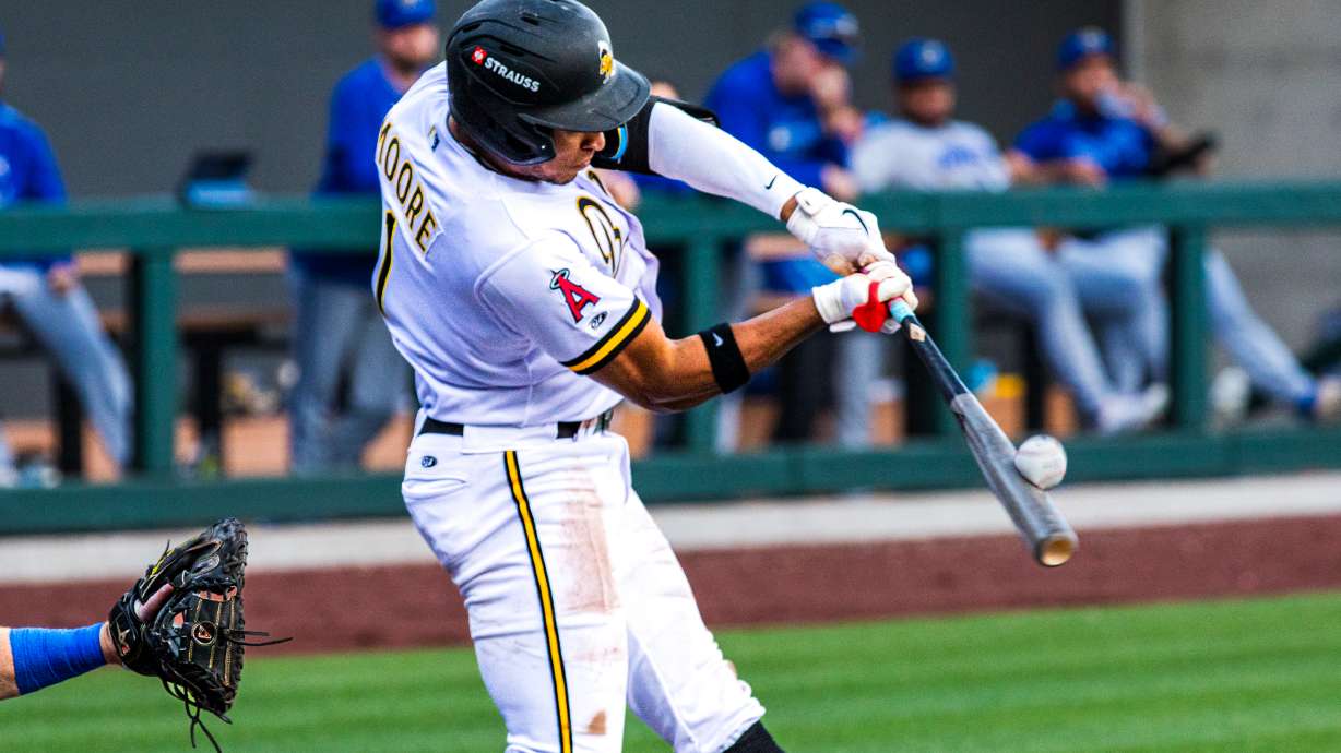 Salt Lake Bees infielder Christian Moore singles on a pitch during the Bees' matchup against Omaha on Thursday. Moore collected four hits in the 9-5 win.