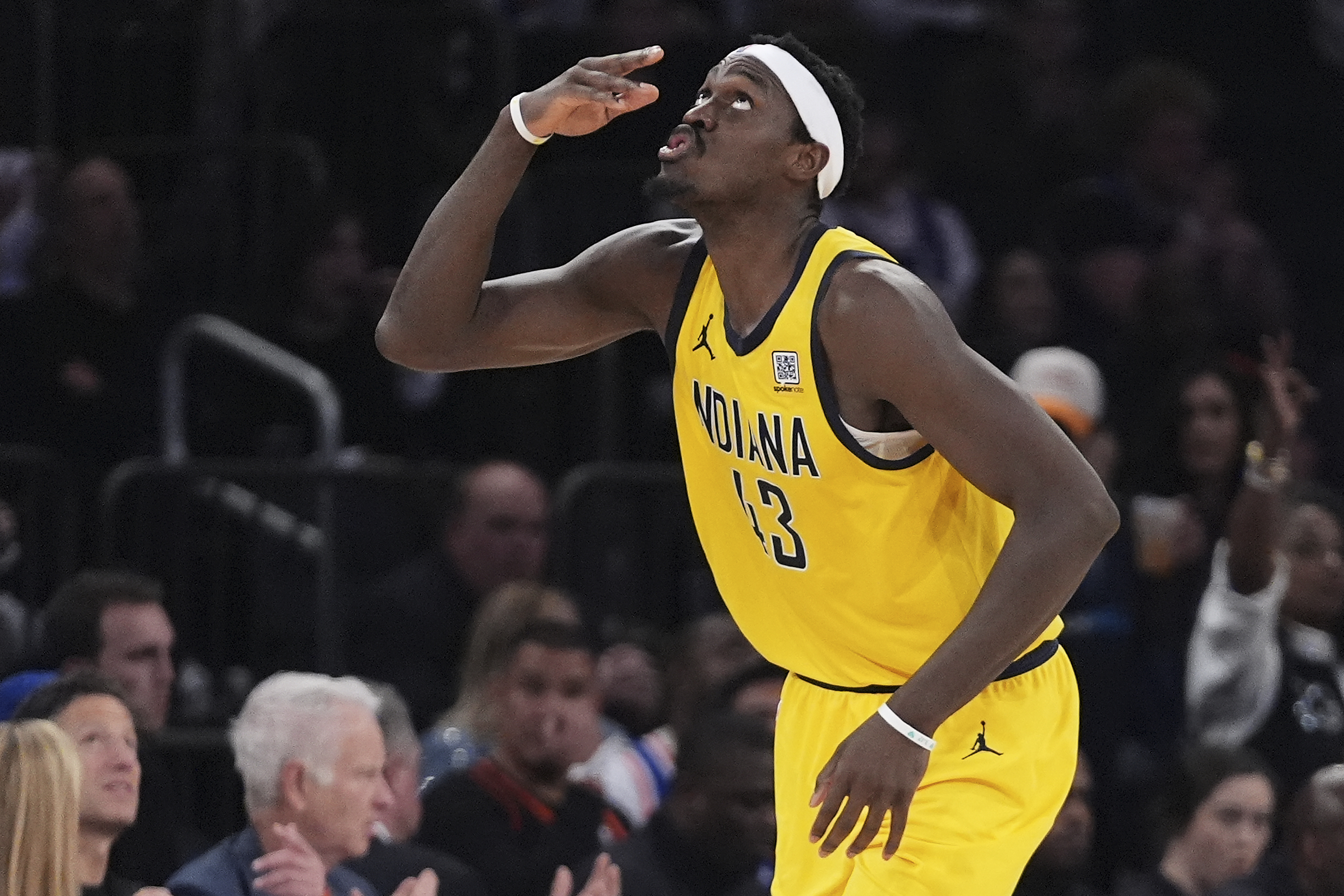 Indiana Pacers forward Pascal Siakam (43) reacts during the third quarter of Game 2 of the NBA basketball Eastern Conference final against the New York Knicks, Friday, May 23, 2025, in New York.