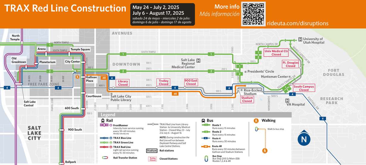 A map showing how Utah Transit Authority riders can access the University of Utah and other Red Line TRAX areas east of Courthouse Station while the Red Line construction project is underway.