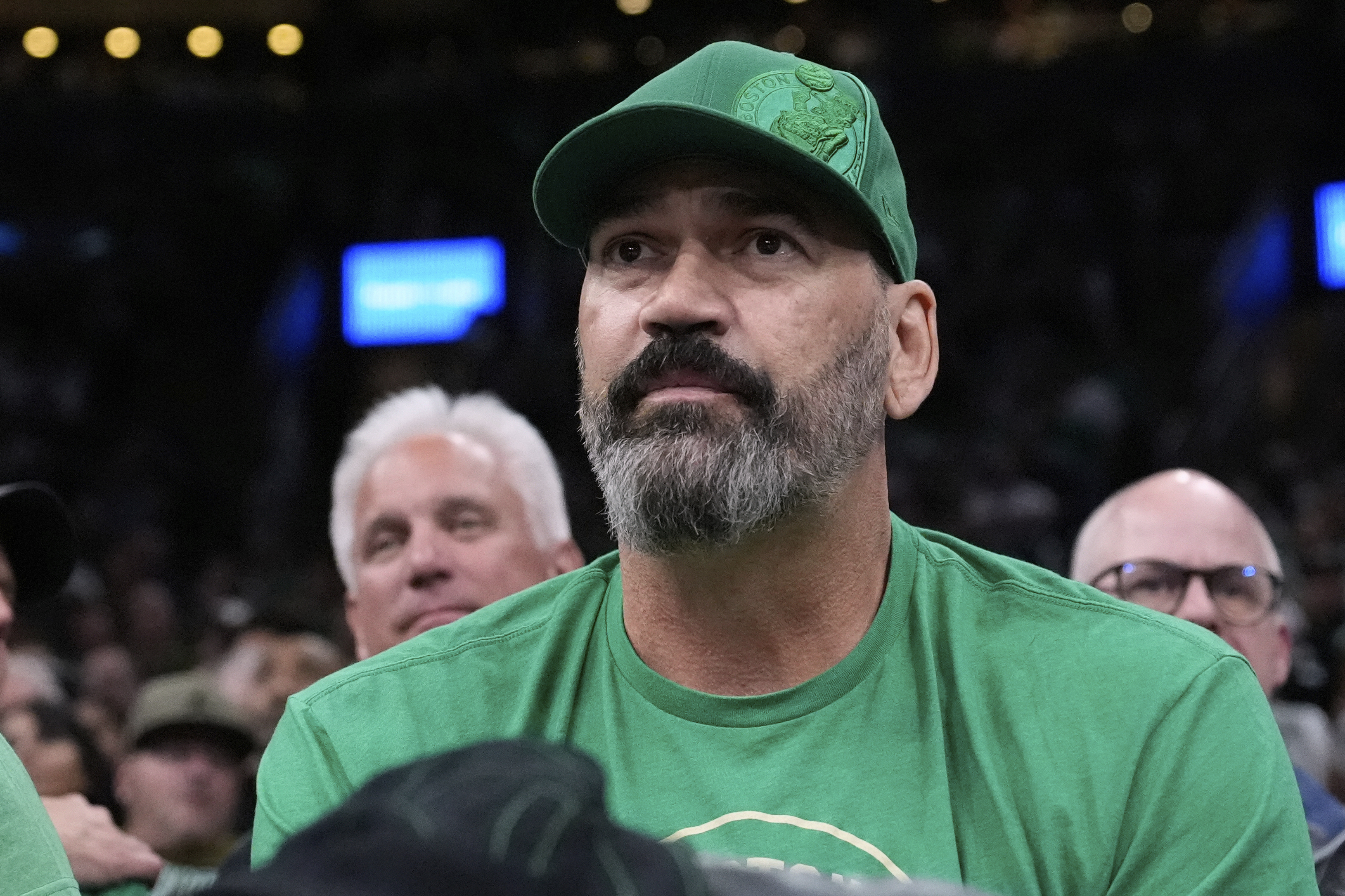 Former Boston Celtics center Scot Pollard, who underwent a heart transplant in 2024, watches the Celtics play the Orlando Magic during the first half in game 5 of a first-round NBA playoff basketball series, Tuesday, April 29, 2025, in Boston.