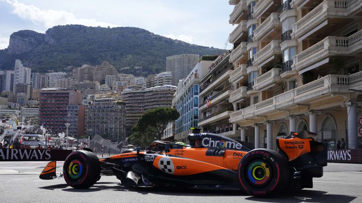 McLaren driver Lando Norris of Britain steers his car during the qualifying session ahead of the Formula One Monaco Grand Prix race at the Monaco racetrack in Monaco, Saturday, May 24, 2025.