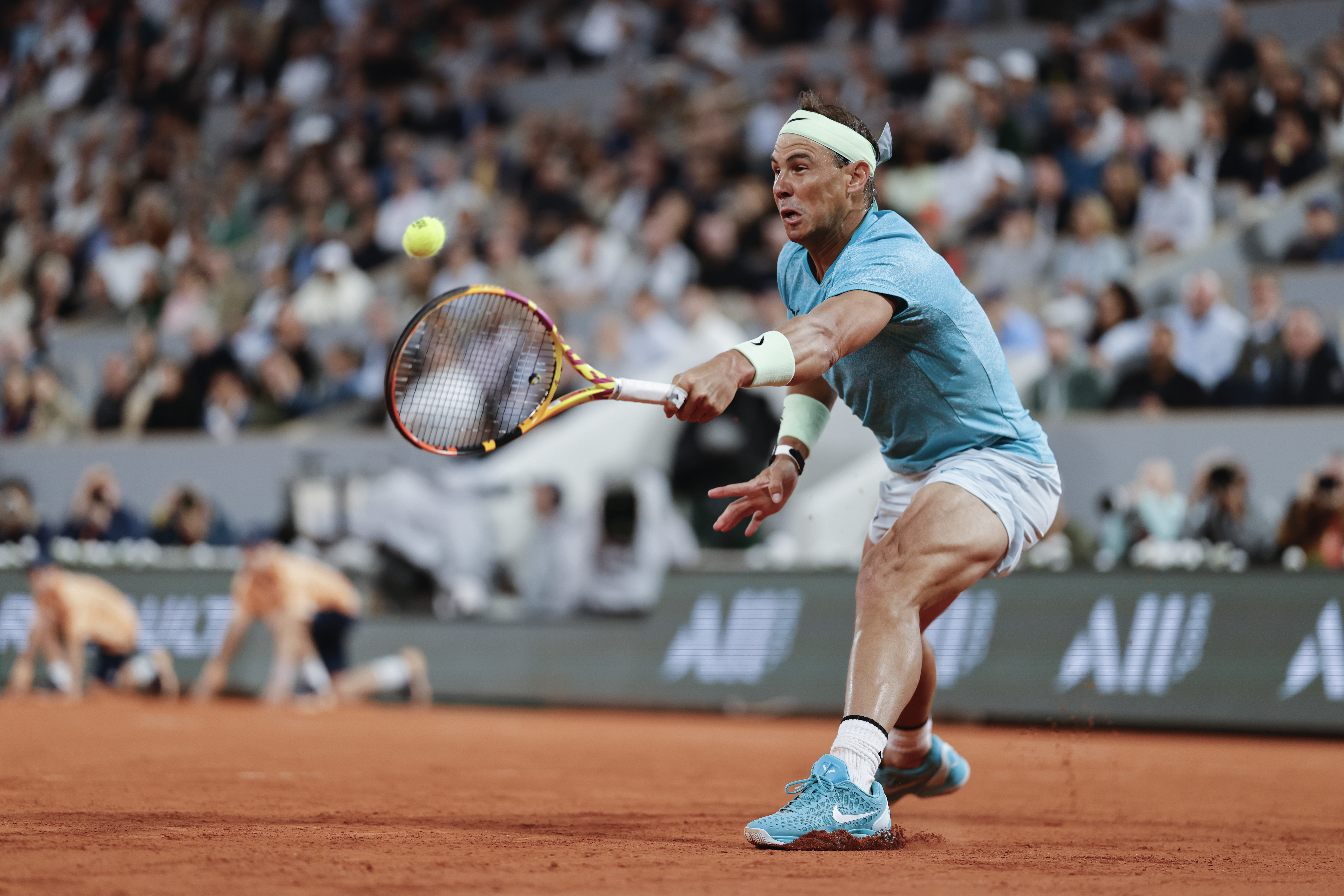 FILE - Spain's Rafael Nadal plays a shot against Germany's Alexander Zverev during their first round match of the French Open tennis tournament at the Roland Garros stadium in Paris, May 27, 2024.
