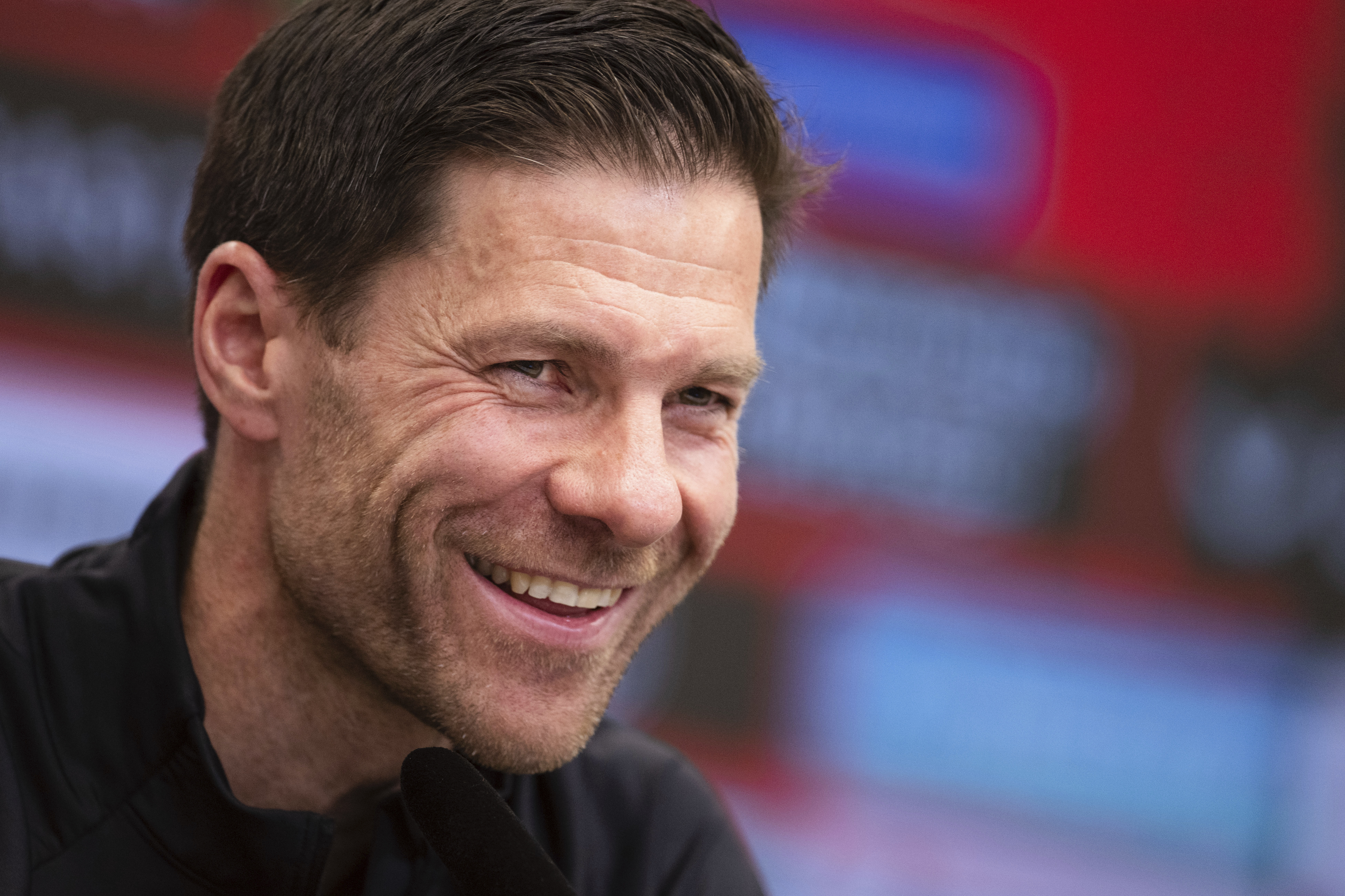 Leverkusen's coach Xabi Alonso attends a press conference in Leverkusen, Germany, Friday, May 9, 2025.
