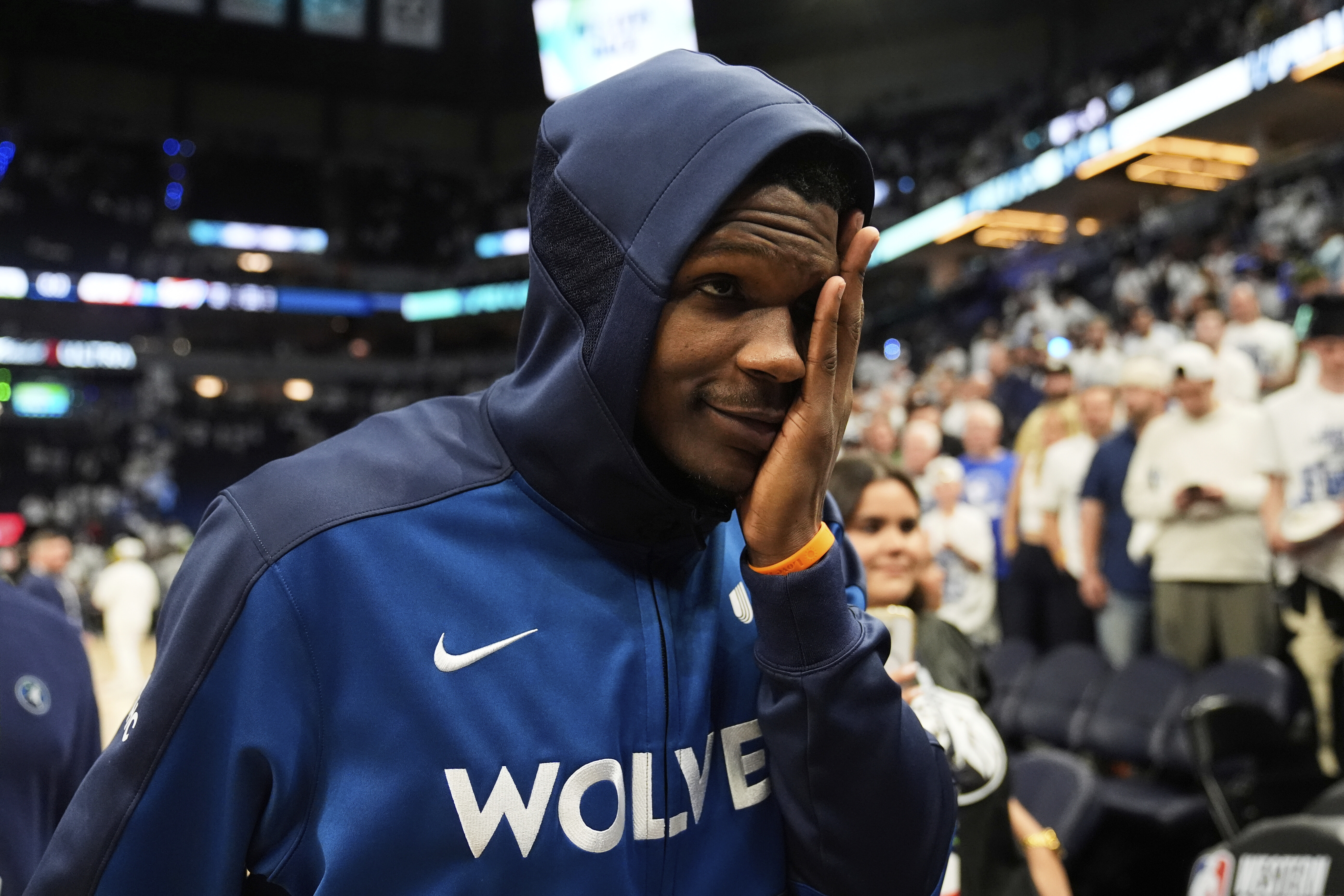 Minnesota Timberwolves guard Anthony Edwards leaves the court after winning Game 3 of the Western Conference finals of the NBA basketball playoffs against the Oklahoma City Thunder, Saturday, May 24, 2025, in Minneapolis. 