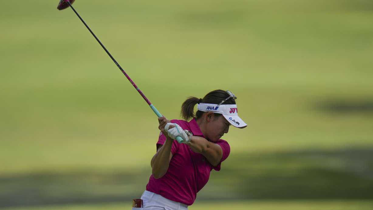 Chisato Iwai, of Japan, hits from the second tee during the third round of the Chevron Championship LPGA golf tournament Saturday, April 26, 2025, in The Woodlands, Texas.