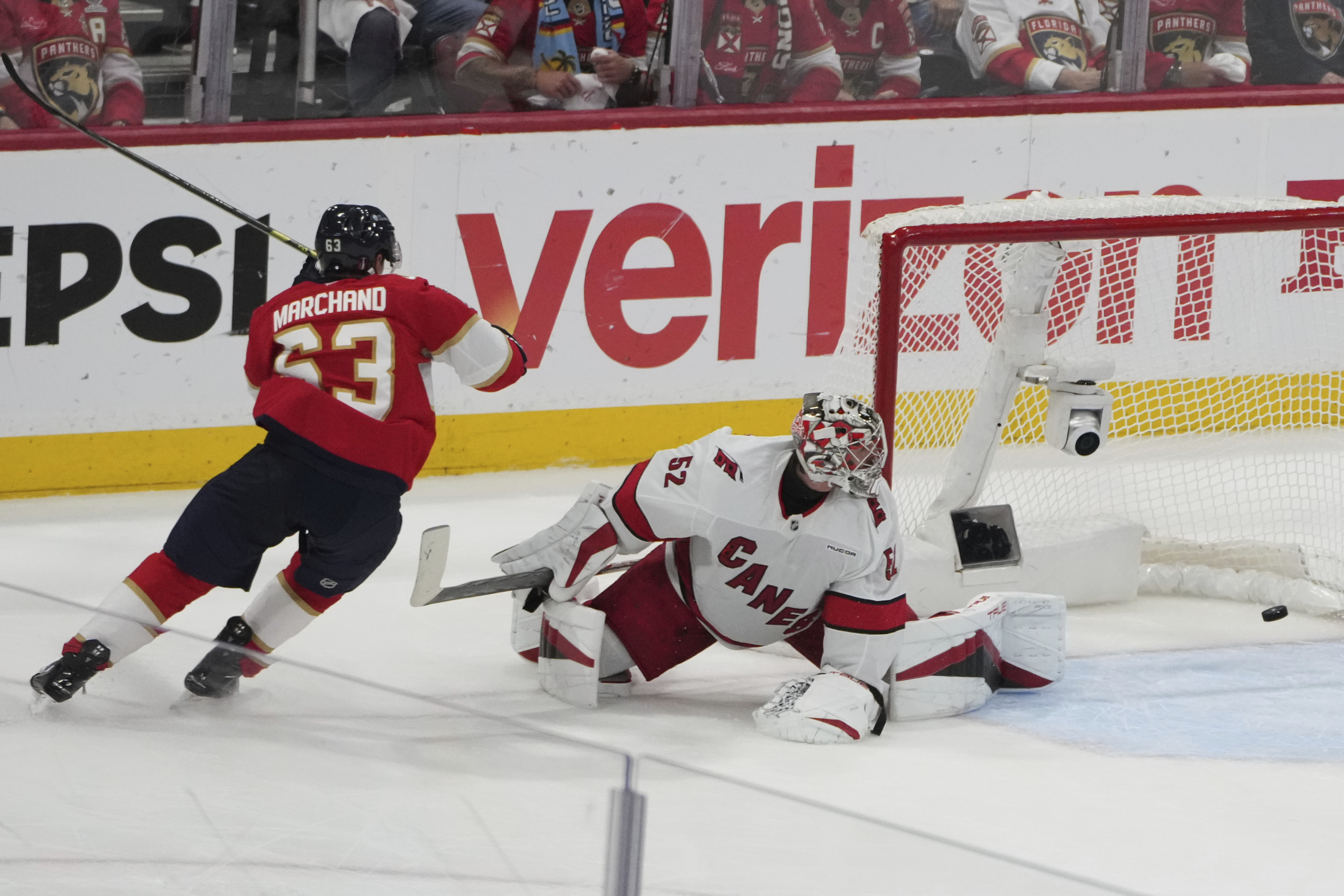 Florida Panthers' Brad Marchand (63) reacts after scoring a goal against Carolina Hurricanes goaltender Pyotr Kochetkov (52) during the third period in Game 3 of the NHL hockey Stanley Cup Eastern Conference finals Saturday, May 24, 2025, in Sunrise, Fla. 